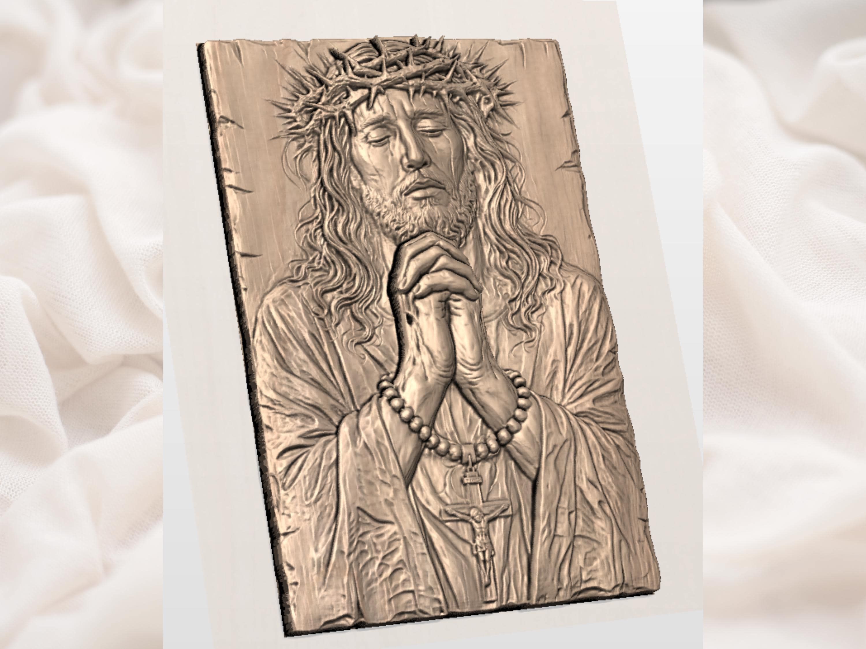Praying Jesus with Crown of Thorns and Rosary Relief STL bas-relief STL — view 2
