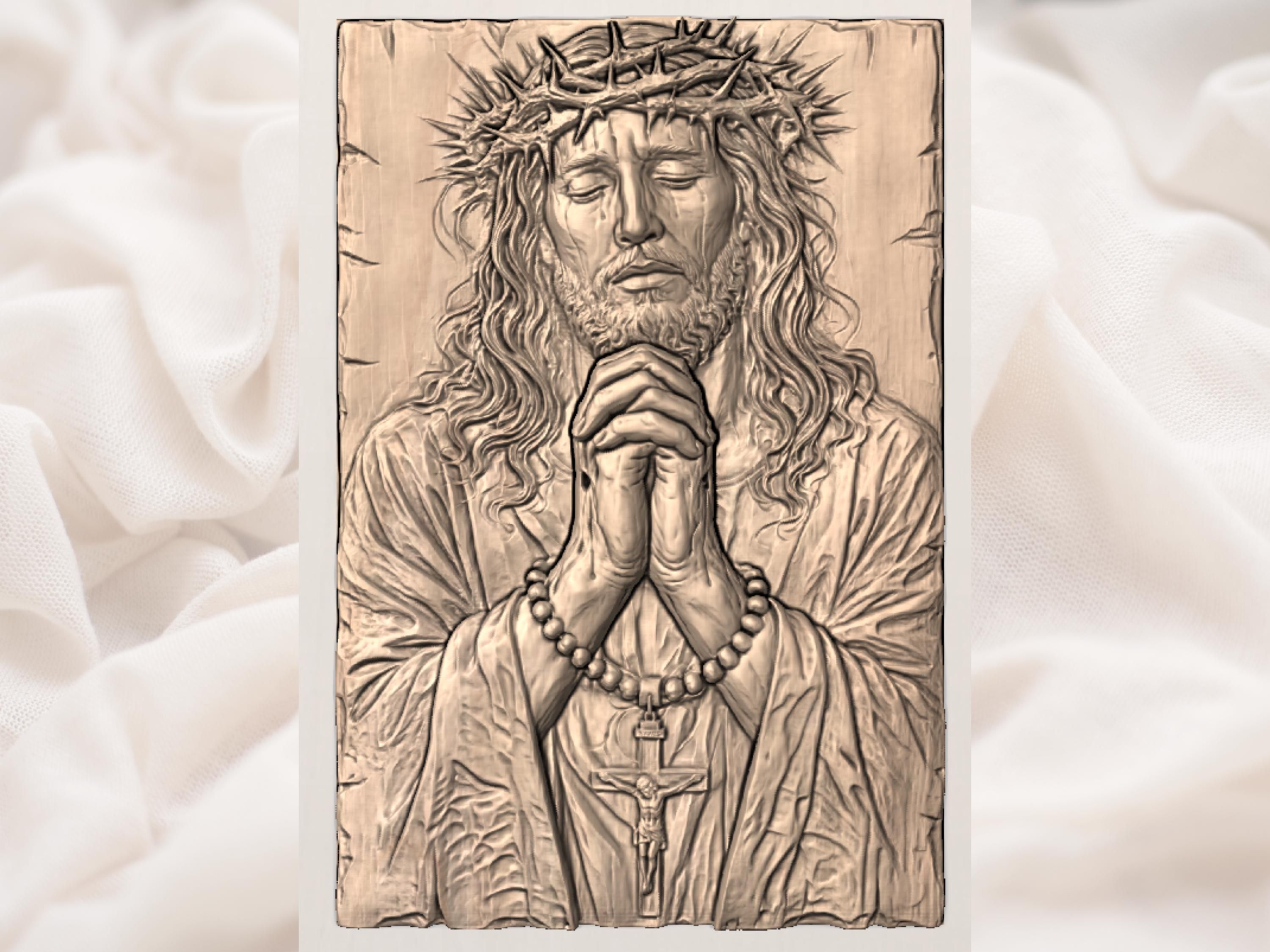 Praying Jesus with Crown of Thorns and Rosary Relief STL bas-relief STL — view 3