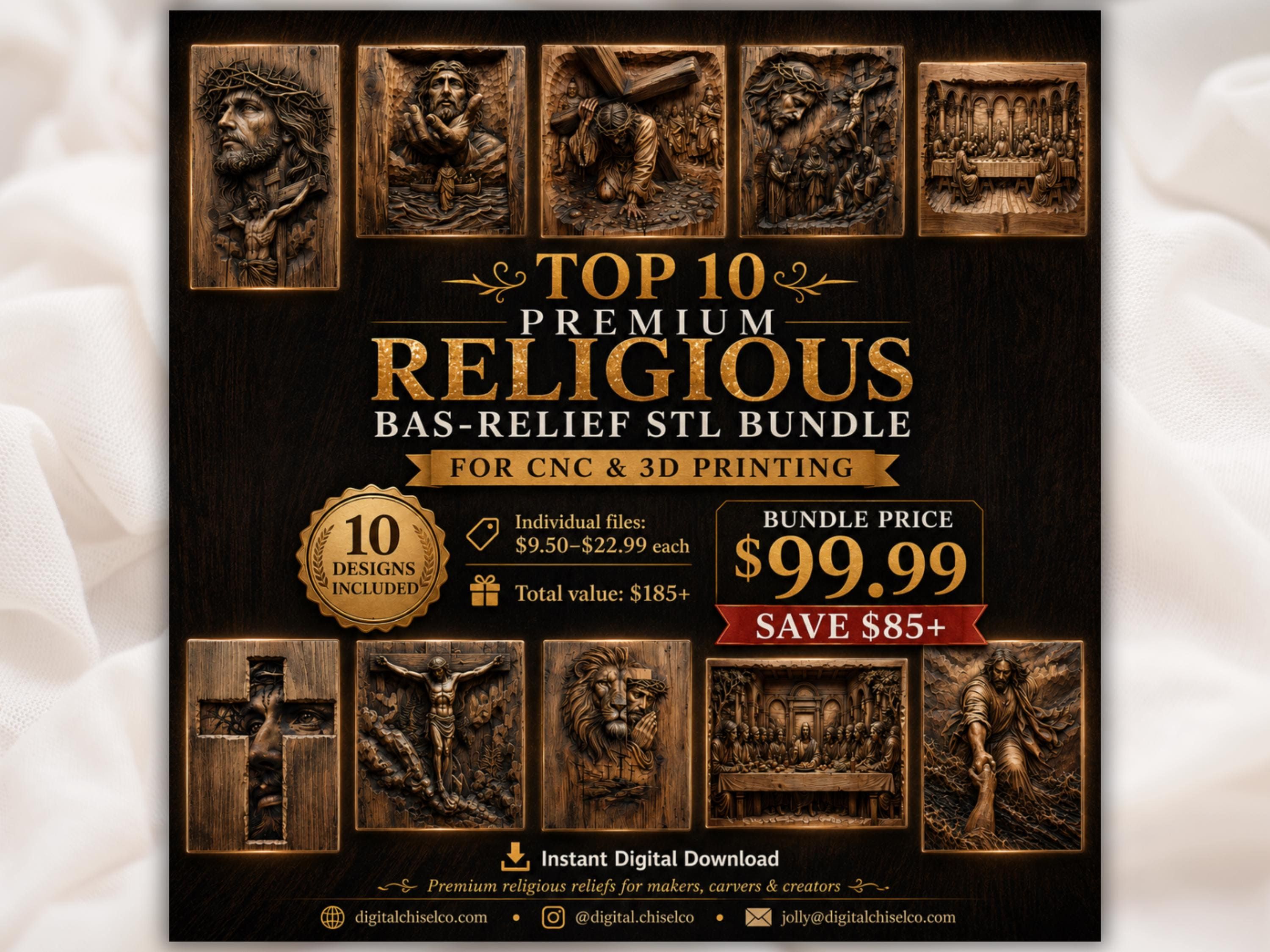 Ten carved Christian bas-relief panels including Jesus carrying the cross, the Last Supper, and a lion with praying Christ.
