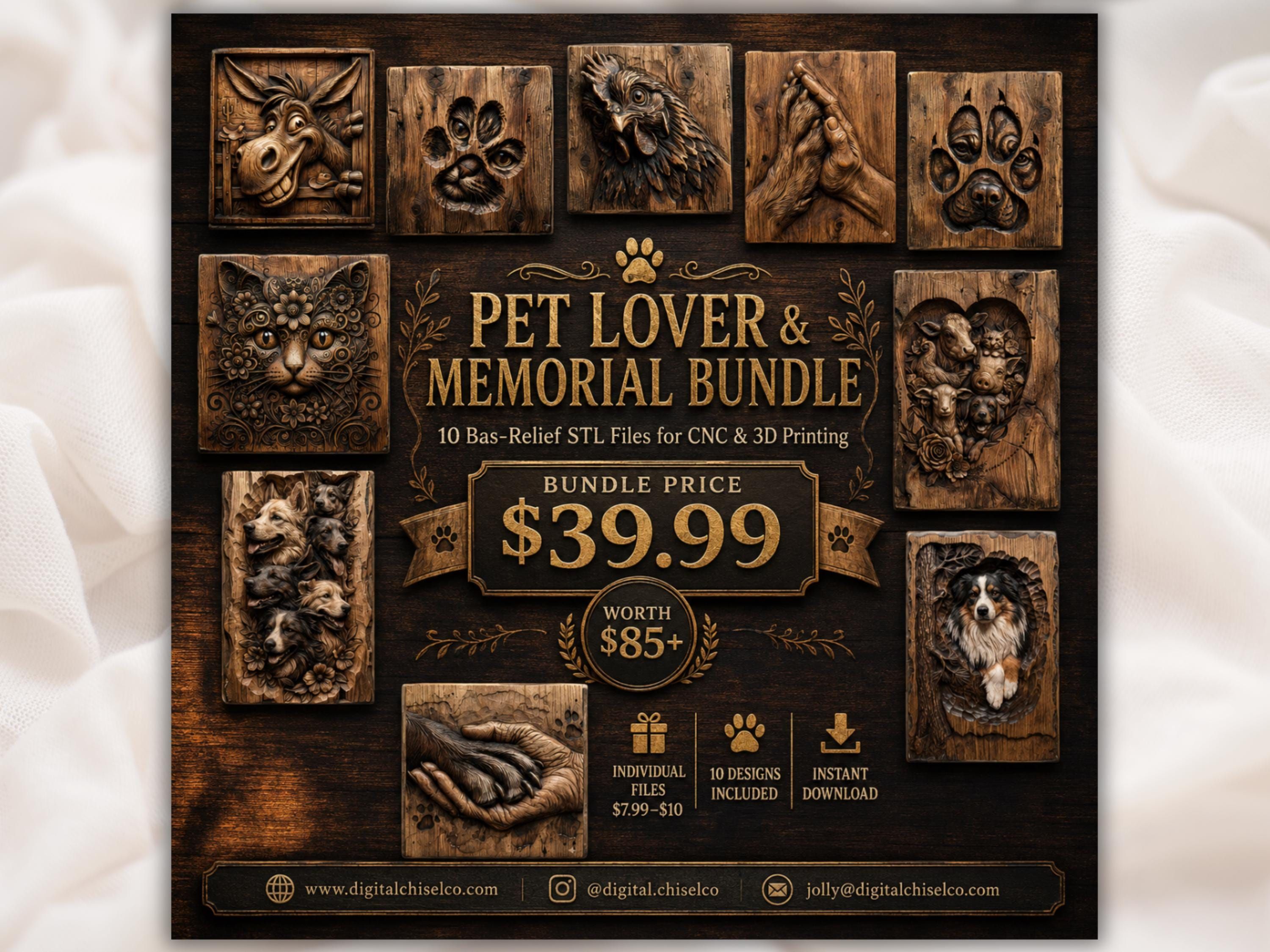 Carved wood bas-relief panels of a chicken head, cat face, dog paw, and a hand holding a paw