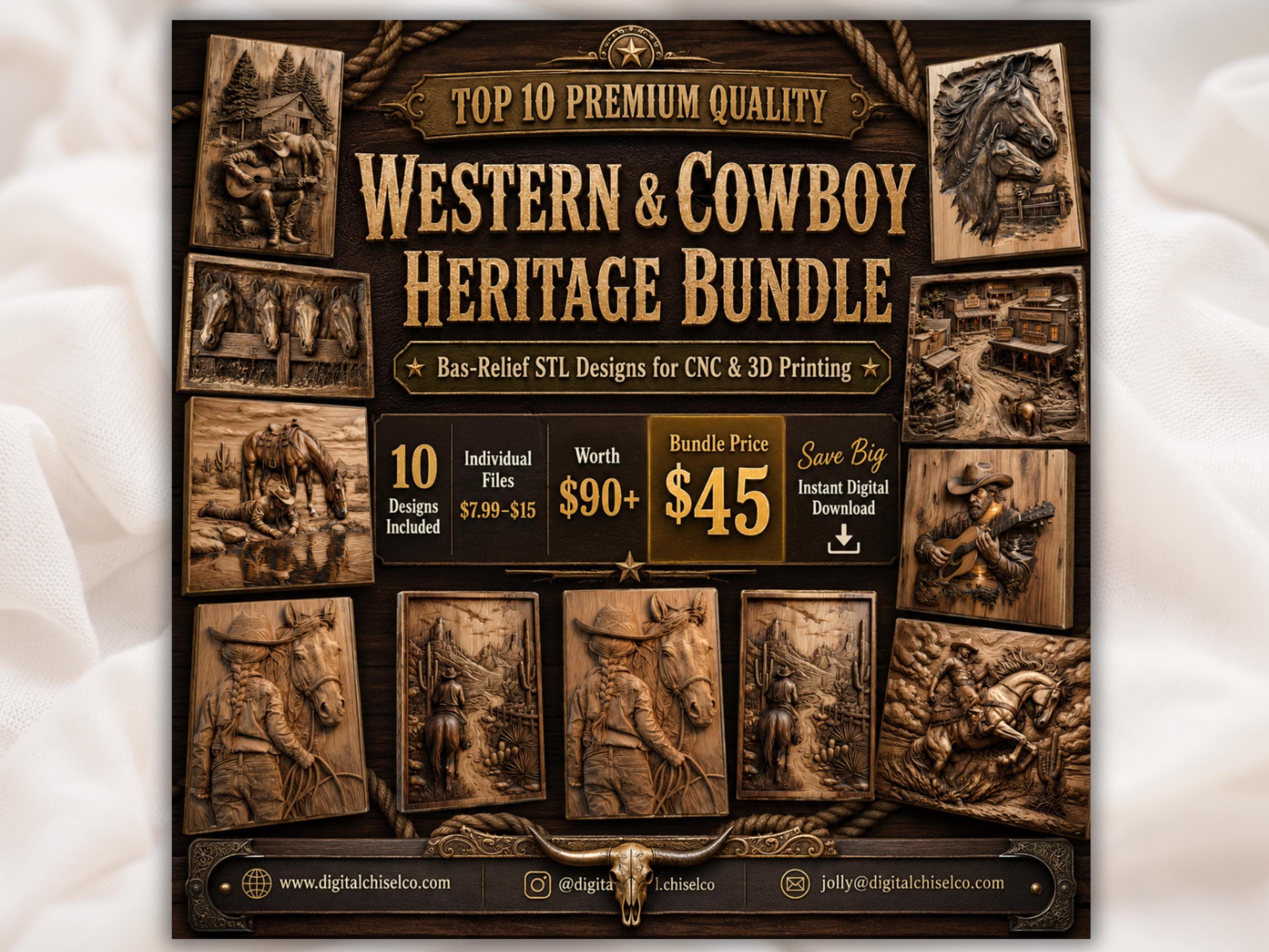 Carved wood bas-relief panels of a cowgirl with her horse, a desert rider, and Western ranch scenes.