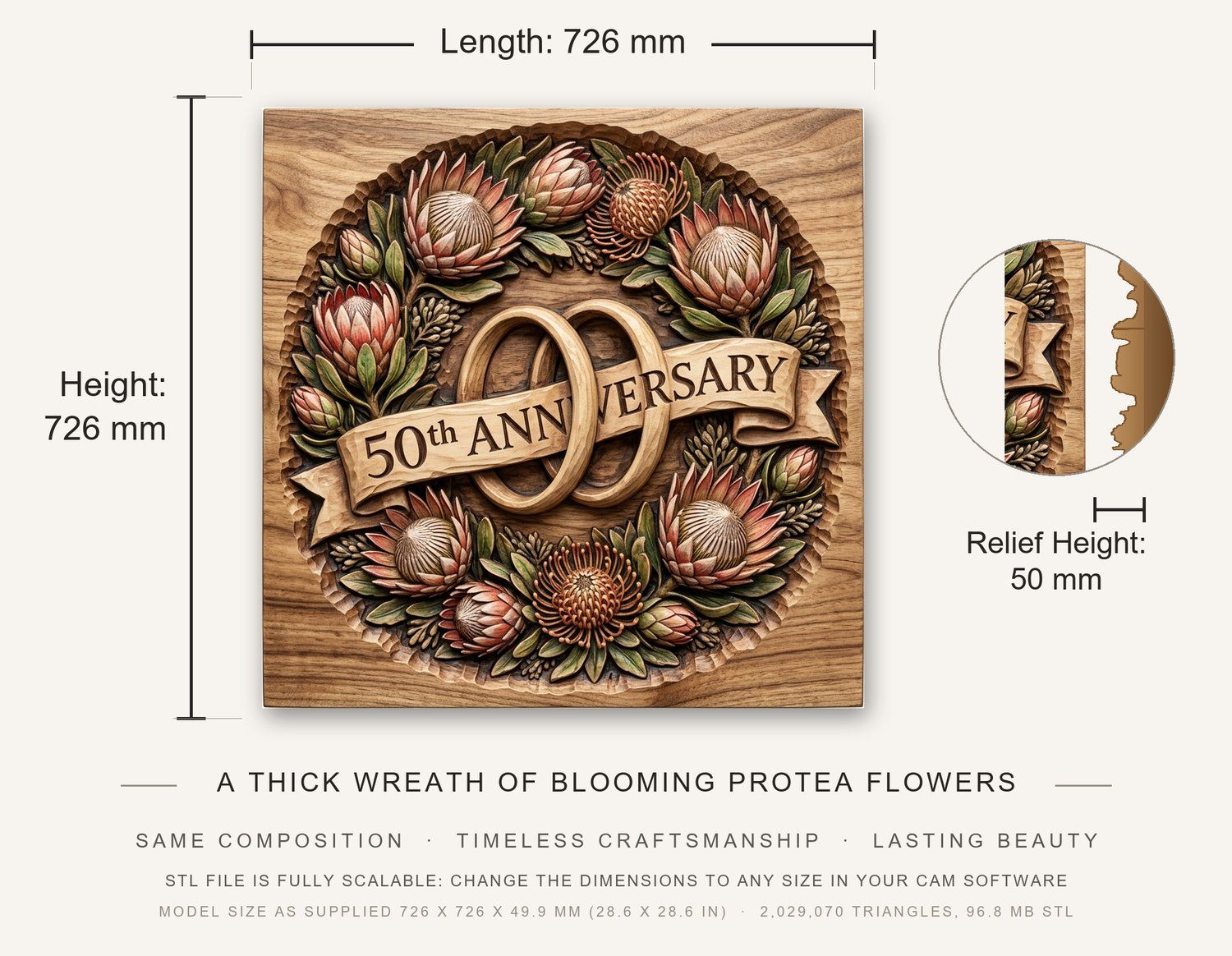 Protea Floral 50th Anniversary Ring CNC Relief STL bas-relief STL — view 3