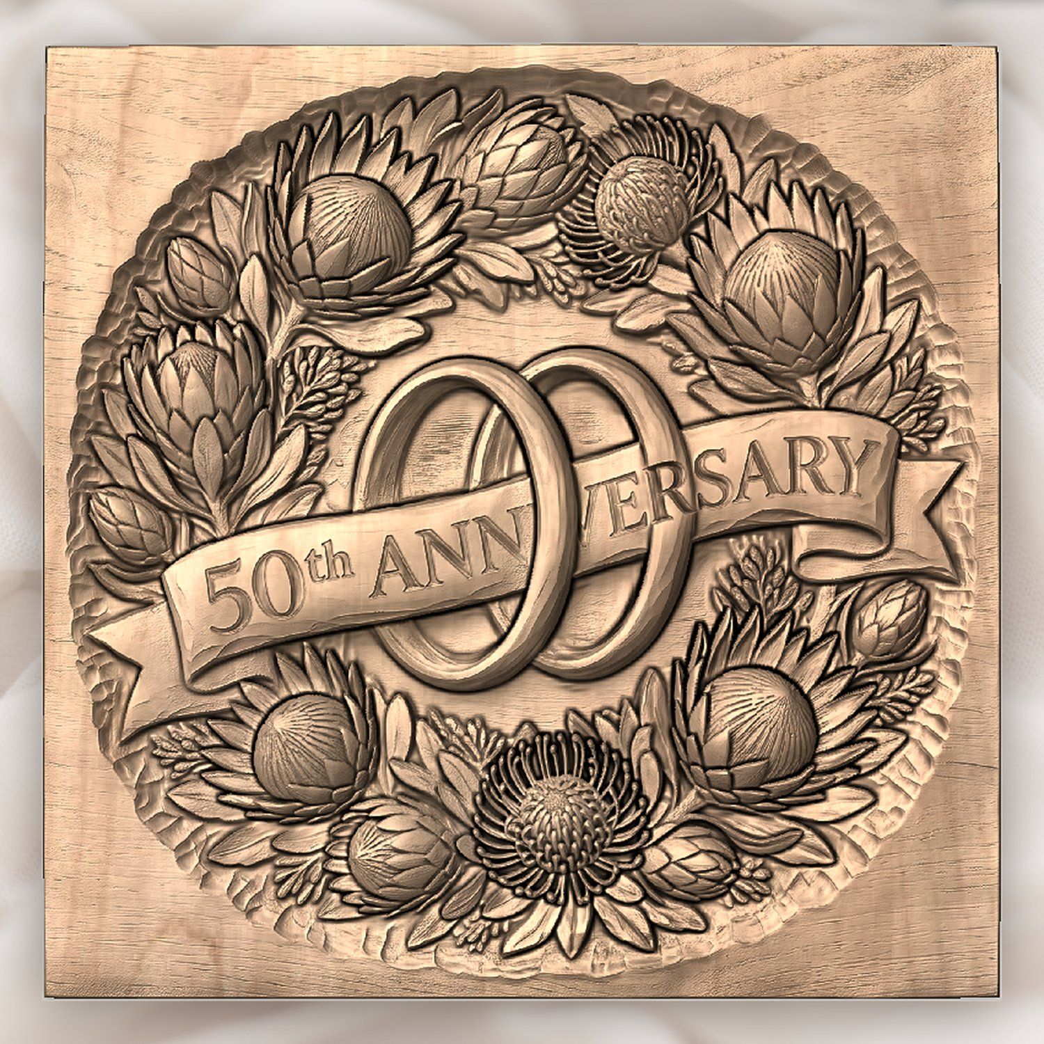 Protea Floral 50th Anniversary Ring CNC Relief STL bas-relief STL — view 4