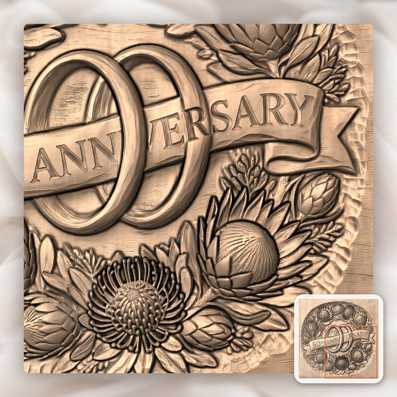 Protea Floral 50th Anniversary Ring CNC Relief STL bas-relief STL — view 6