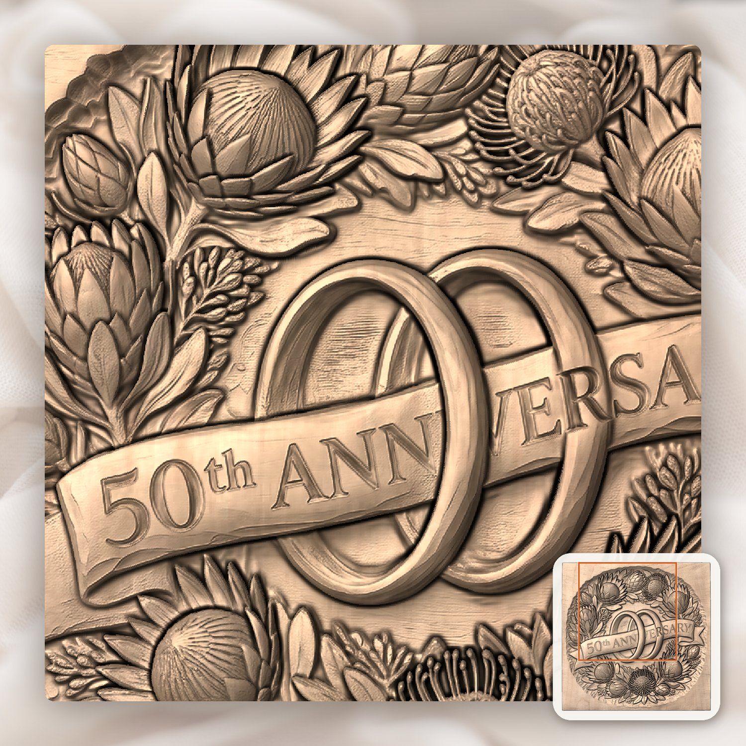 Protea Floral 50th Anniversary Ring CNC Relief STL bas-relief STL — view 7