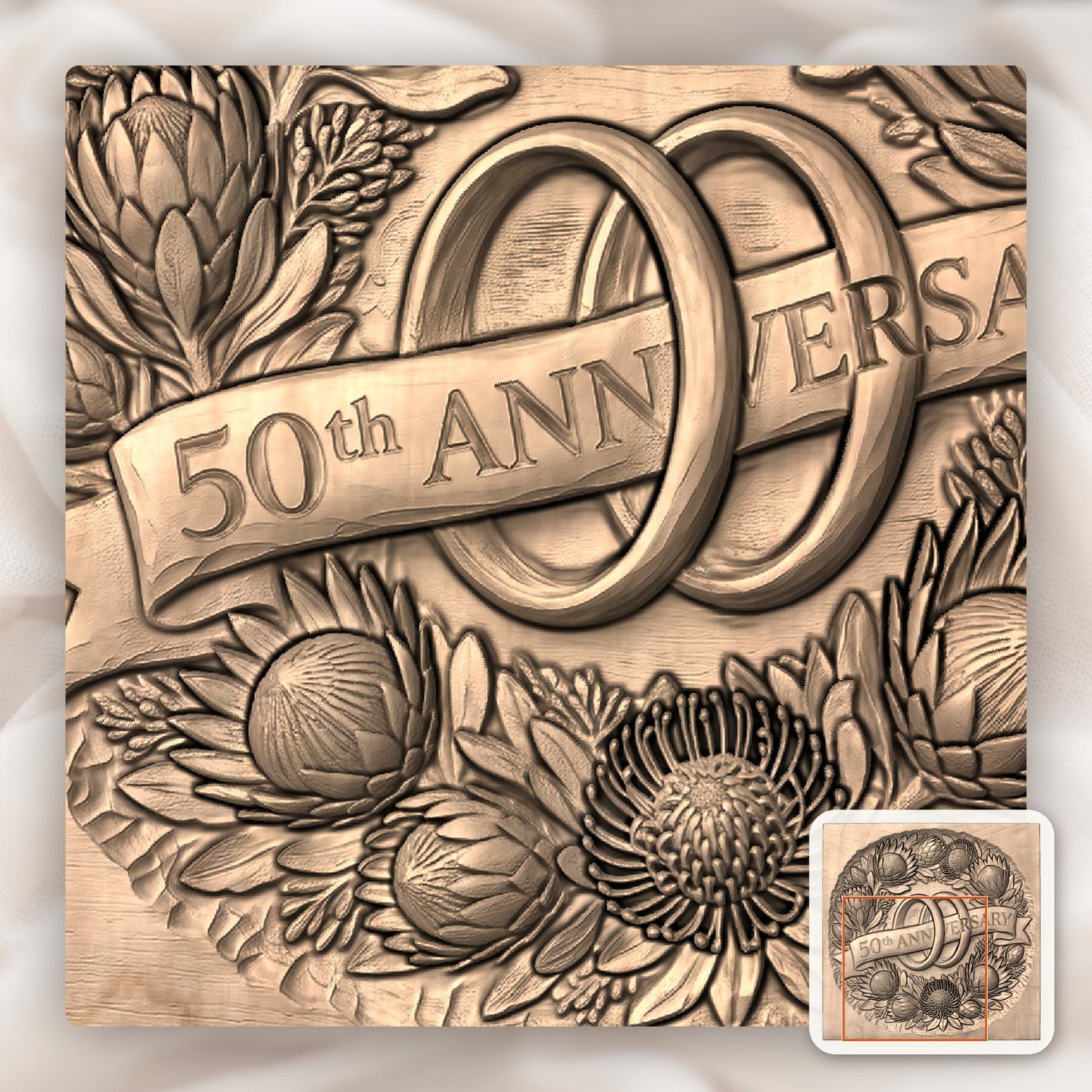 Protea Floral 50th Anniversary Ring CNC Relief STL bas-relief STL — view 8