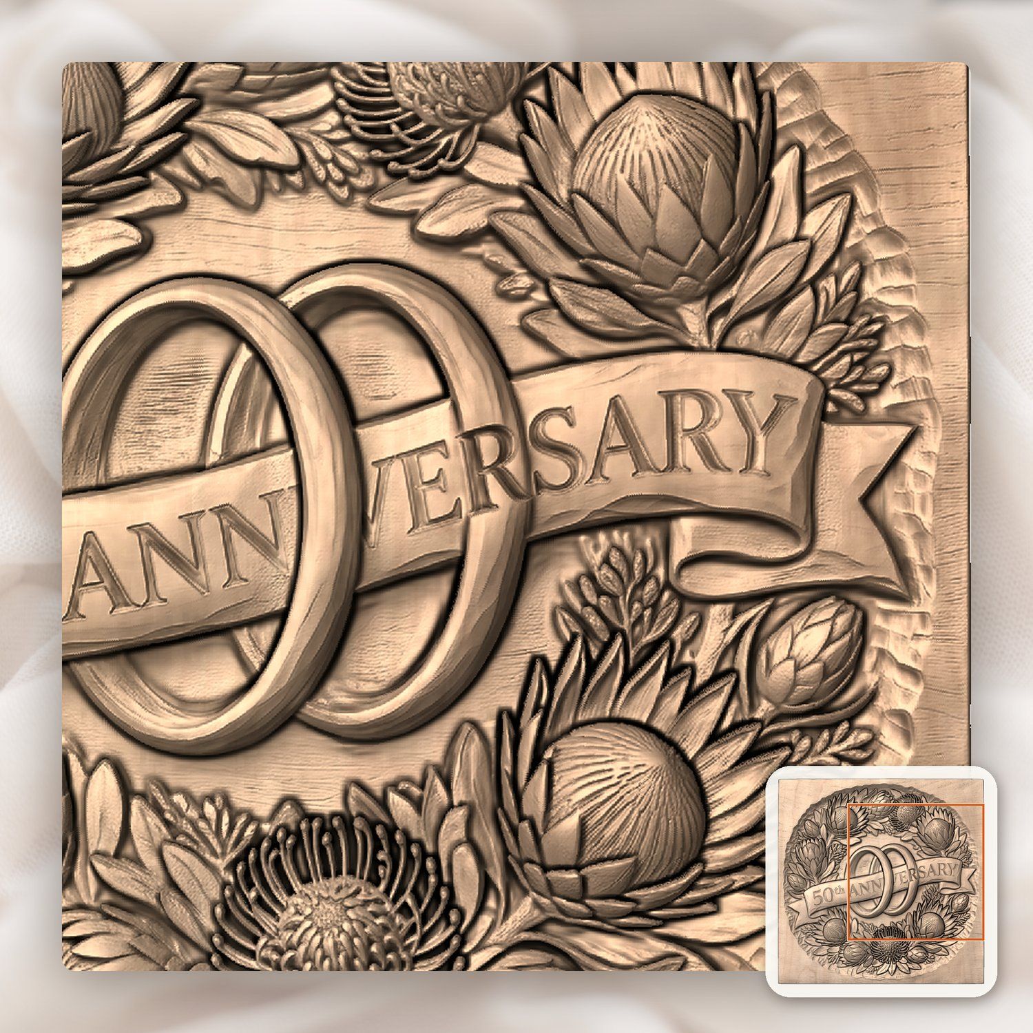 Protea Floral 50th Anniversary Ring CNC Relief STL bas-relief STL — view 9