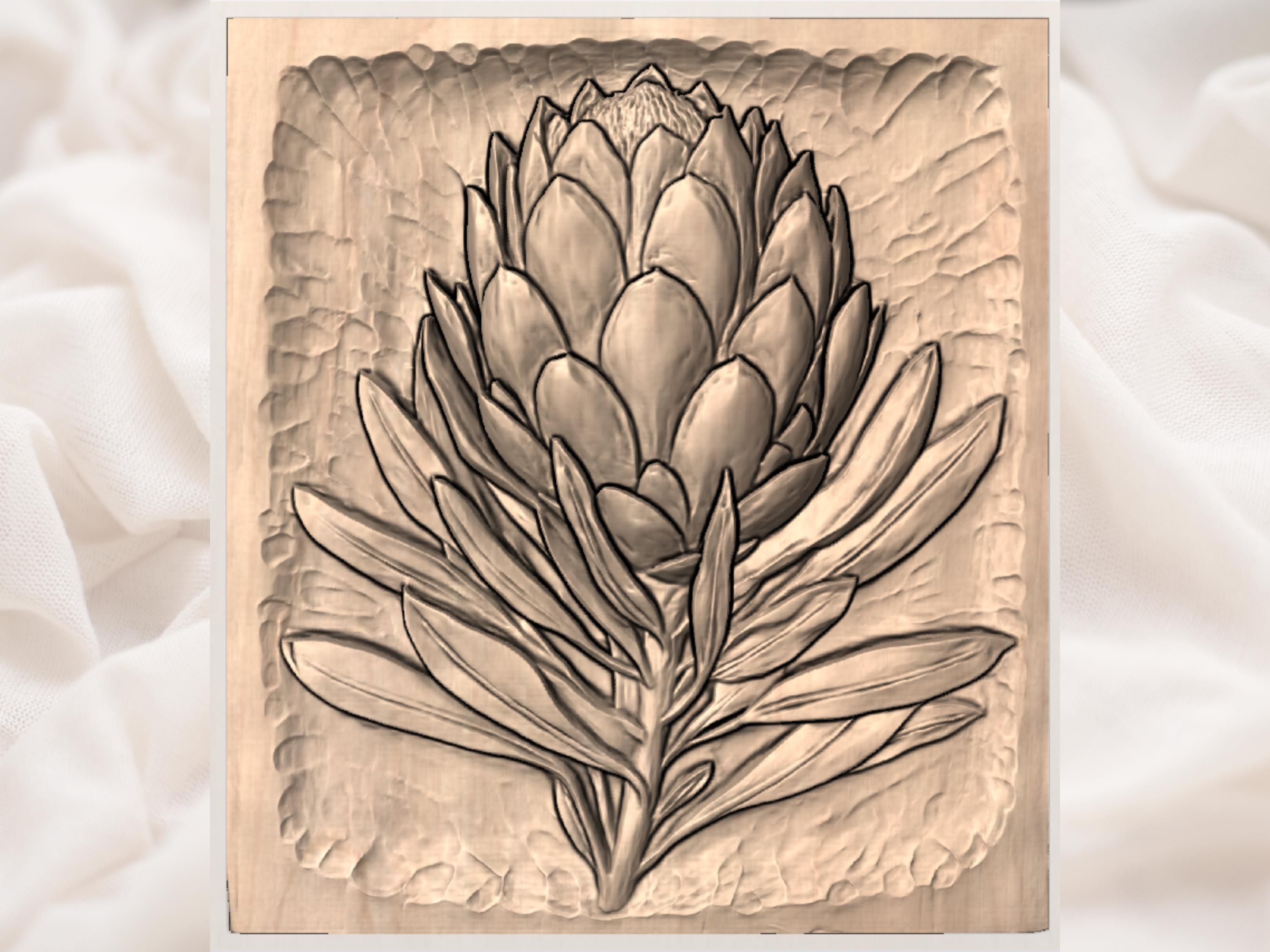 King Protea in Full Bloom Bas-Relief STL Carving bas-relief STL — view 3
