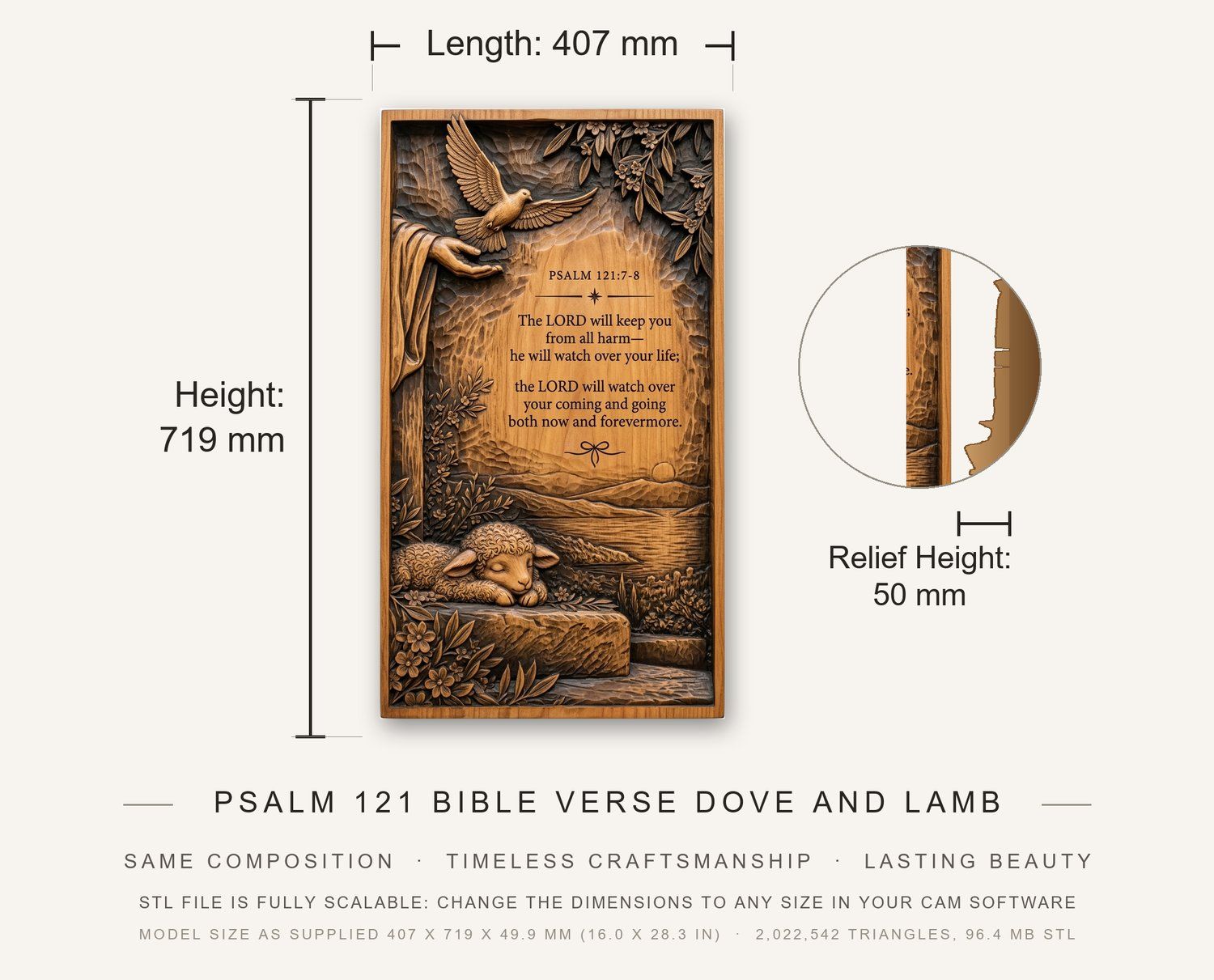Psalm 121 Bible Verse Dove and Lamb CNC Relief STL bas-relief STL — view 3