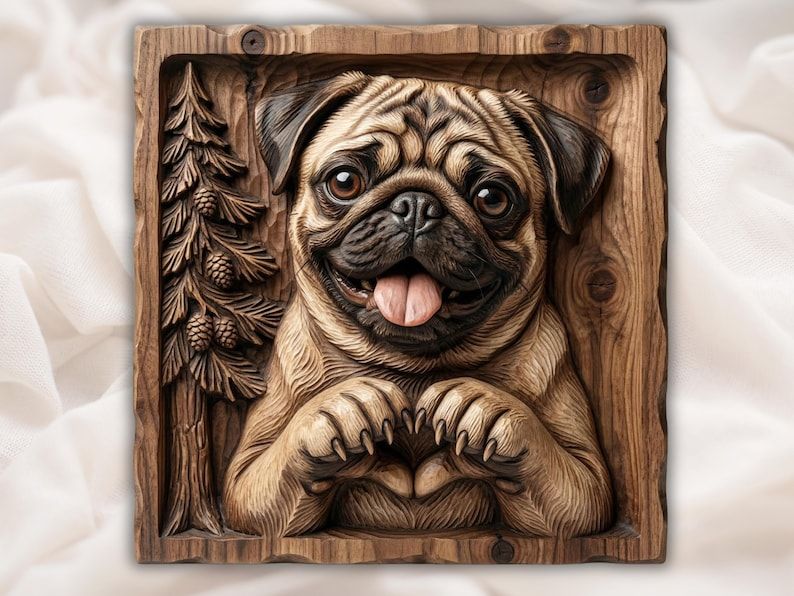 Carved bas-relief of a smiling pug with paws forming a heart, beside a pine tree with pinecones.