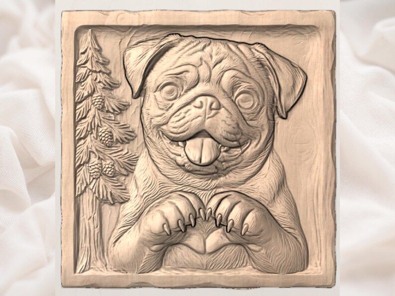 Happy Pug with Heart Paws Bas-Relief STL for CNC bas-relief STL — view 2