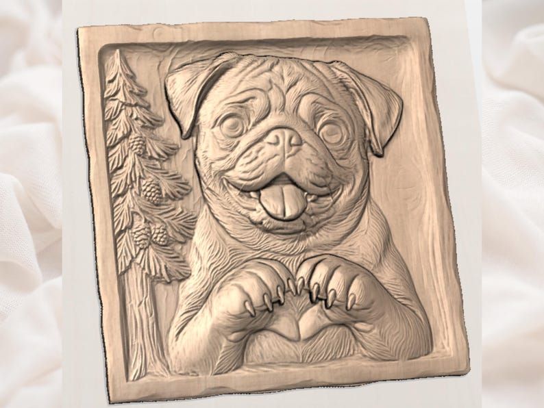 Happy Pug with Heart Paws Bas-Relief STL for CNC bas-relief STL — view 3