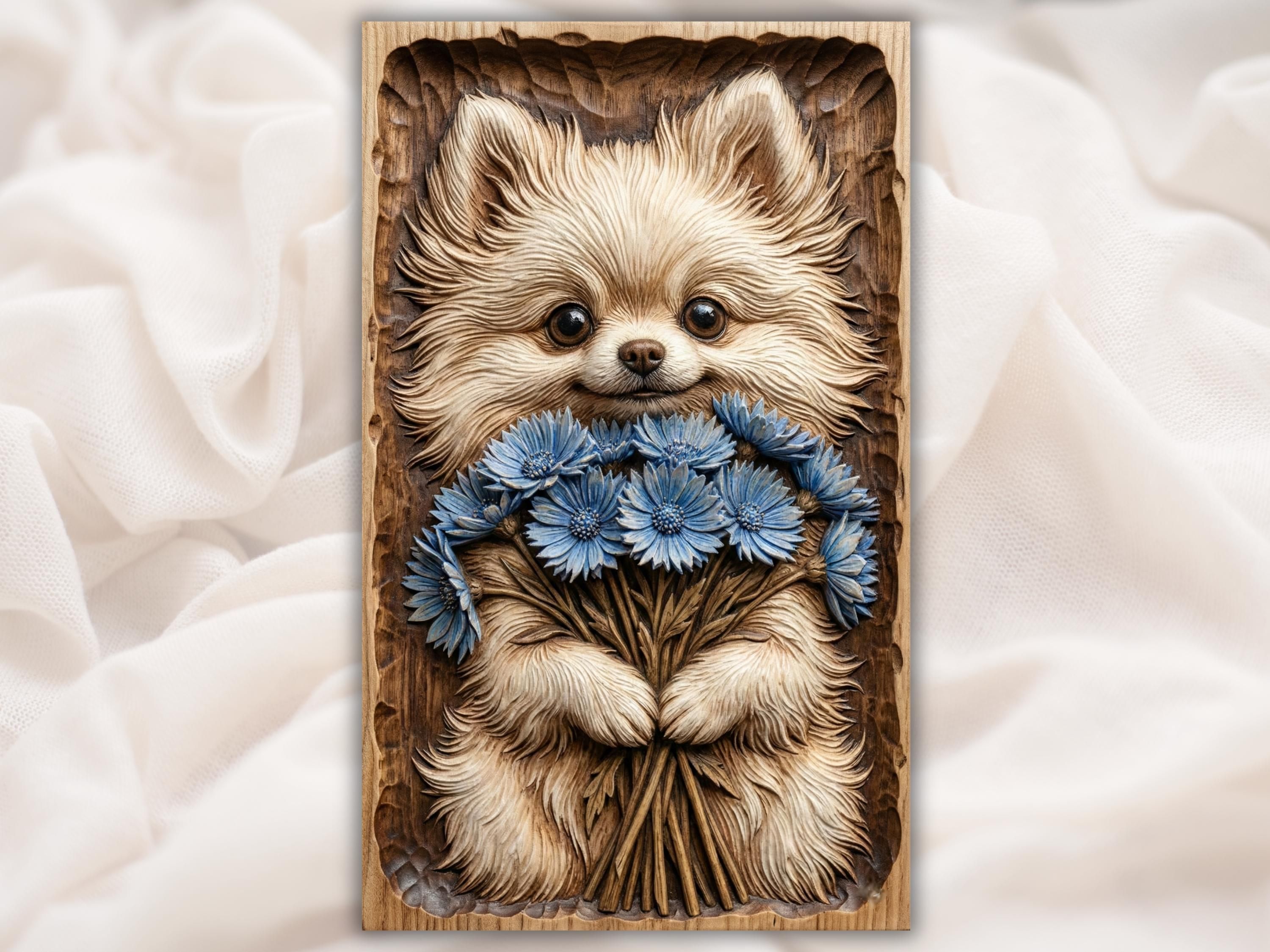 Bas-relief wood carving of a fluffy Pomeranian puppy holding a bundle of blue cornflowers