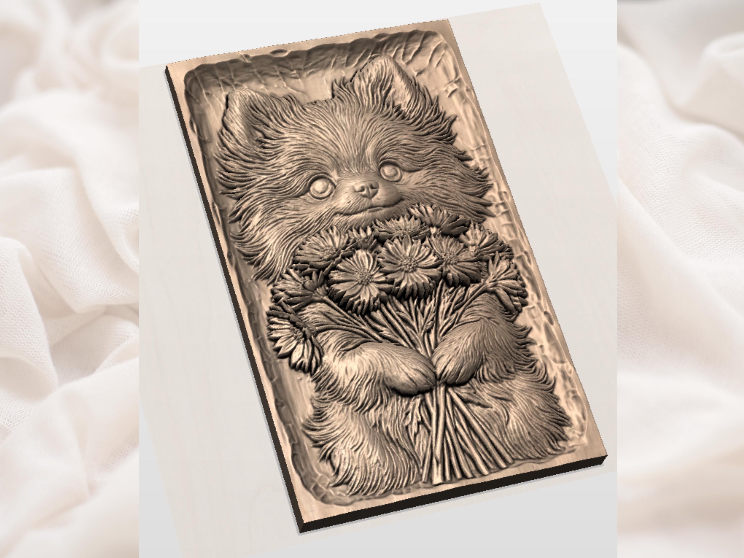 Fluffy Pomeranian Puppy Holding Blue Cornflowers Relief bas-relief STL — view 2