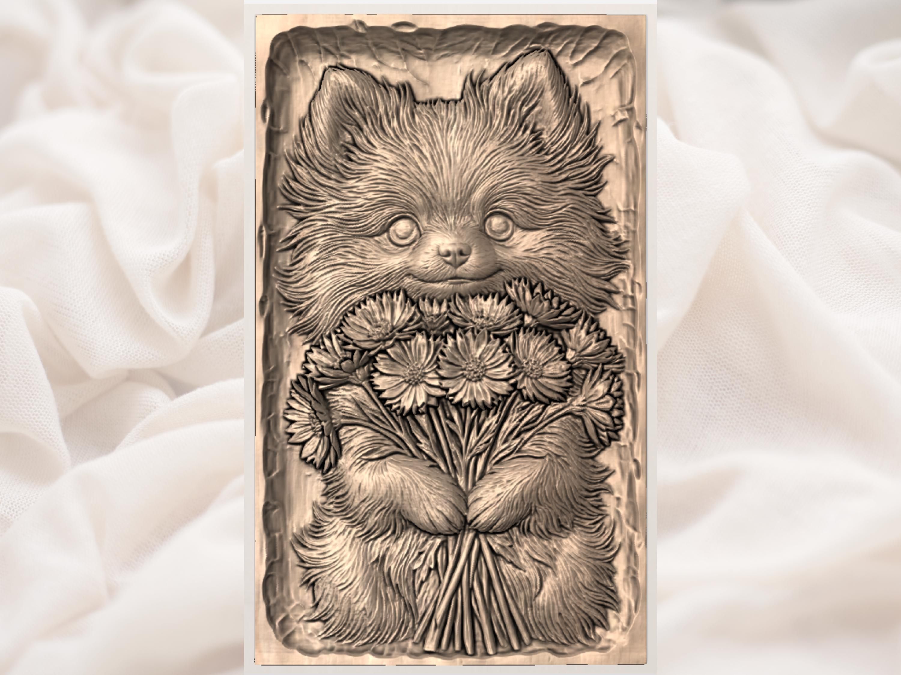 Fluffy Pomeranian Puppy Holding Blue Cornflowers Relief bas-relief STL — view 3