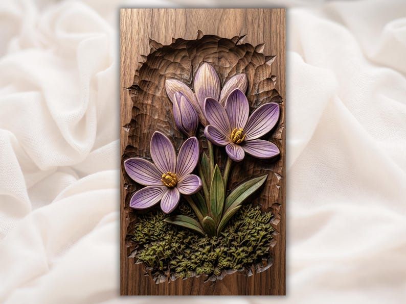 Bas-relief wood carving of two purple crocus flowers with gold centers rising from green moss