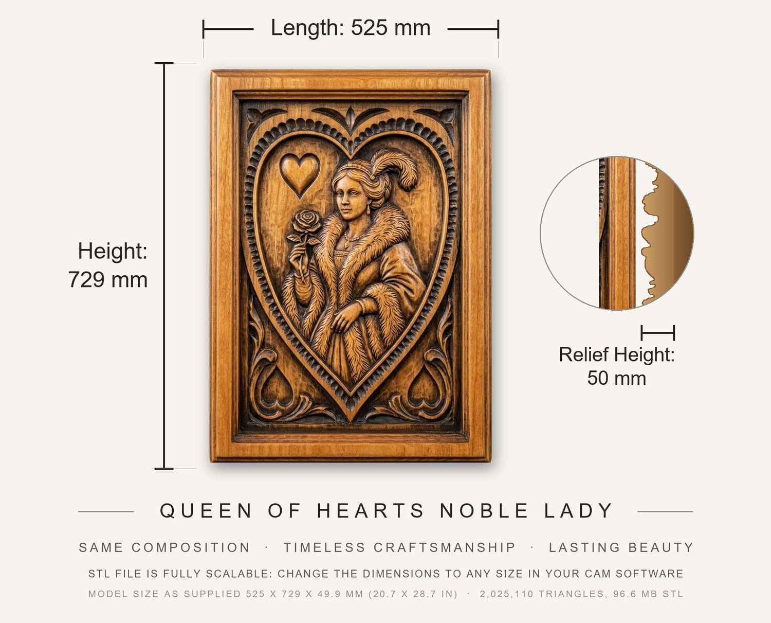 Queen of Hearts Noble Lady CNC Relief STL bas-relief STL — view 3