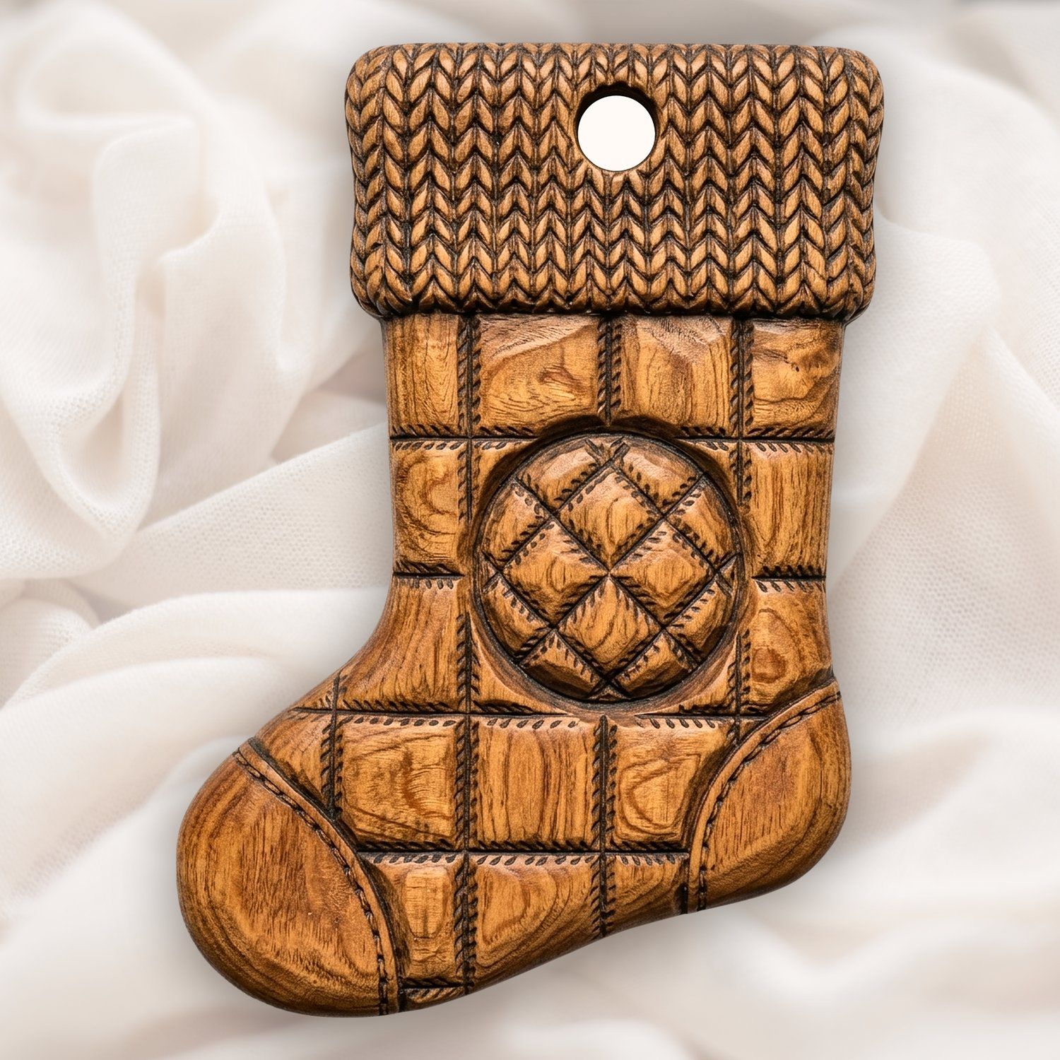 Quilted Knit Christmas Stocking Ornament CNC Relief STL | Rustic Holiday Decor | Woodworking Project Design — carved bas relief STL file for CNC
