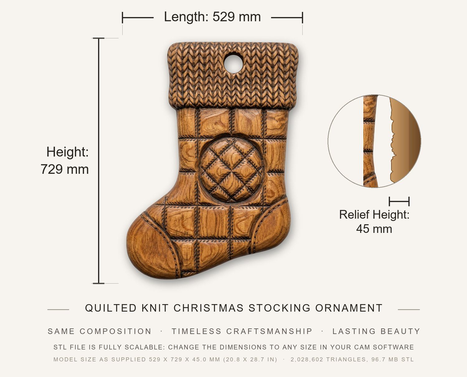 Quilted Knit Christmas Stocking Ornament CNC Relief STL bas-relief STL — view 13