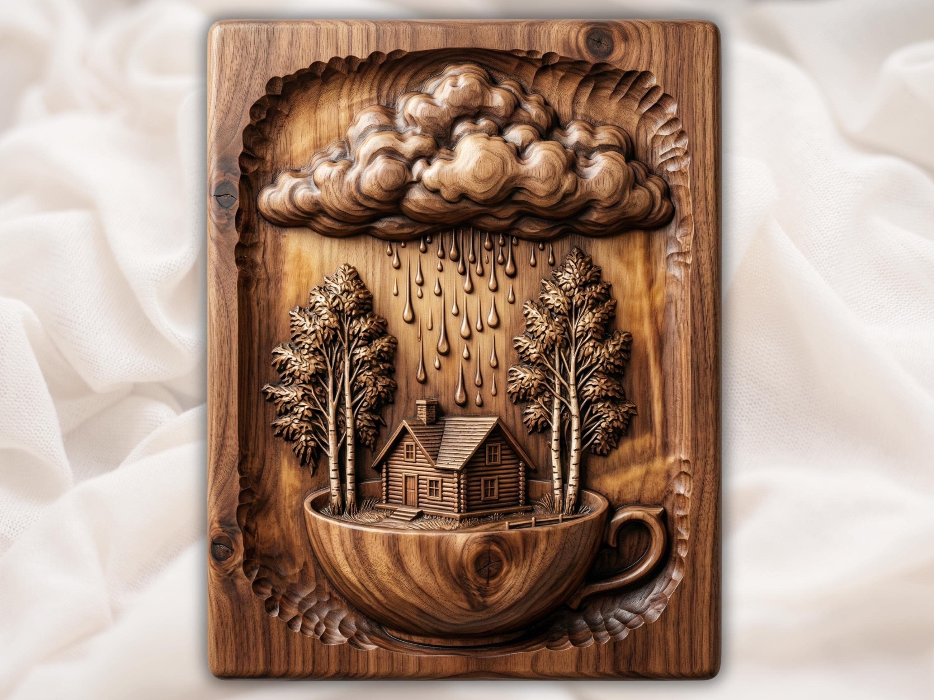 Bas-relief wood carving of a rain cloud dropping rain over a log cabin among birch trees