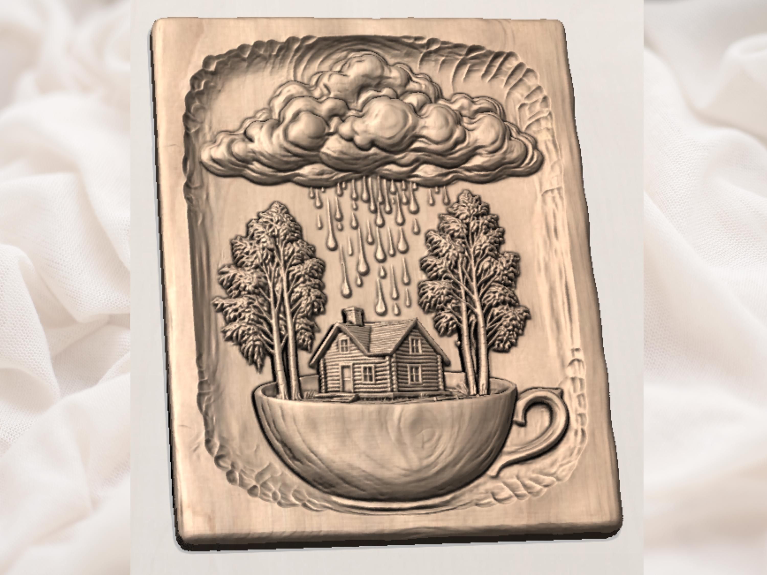Rain Cloud Over a Log Cabin Bas-Relief STL Carving bas-relief STL — view 2