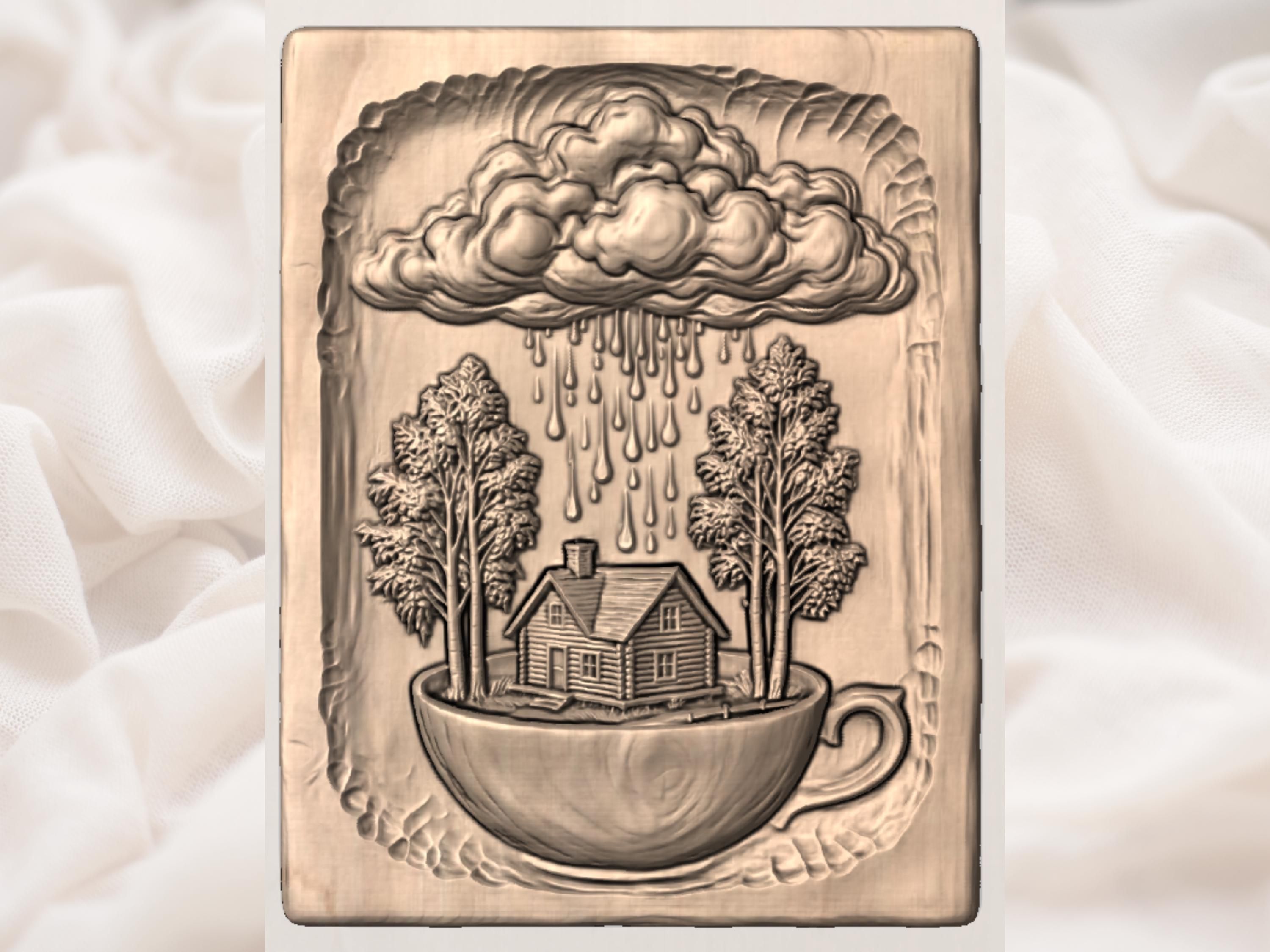 Rain Cloud Over a Log Cabin Bas-Relief STL Carving bas-relief STL — view 3