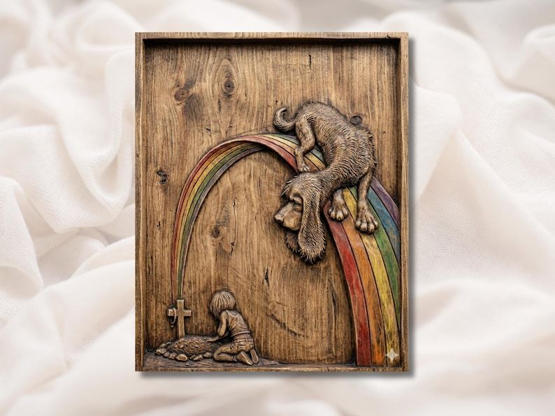 Carved wood relief of a dog lying across a rainbow above a kneeling child and a memorial cross.