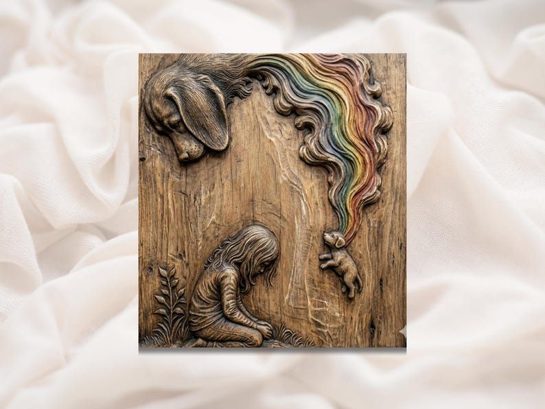 Wood relief carving of a child kneeling below a dog, joined by a flowing rainbow across the panel