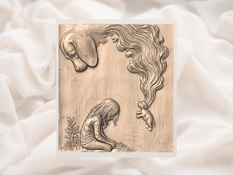 Rainbow Bridge Pet Memorial STL, Dog and Child Relief Carving bas-relief STL — view 2