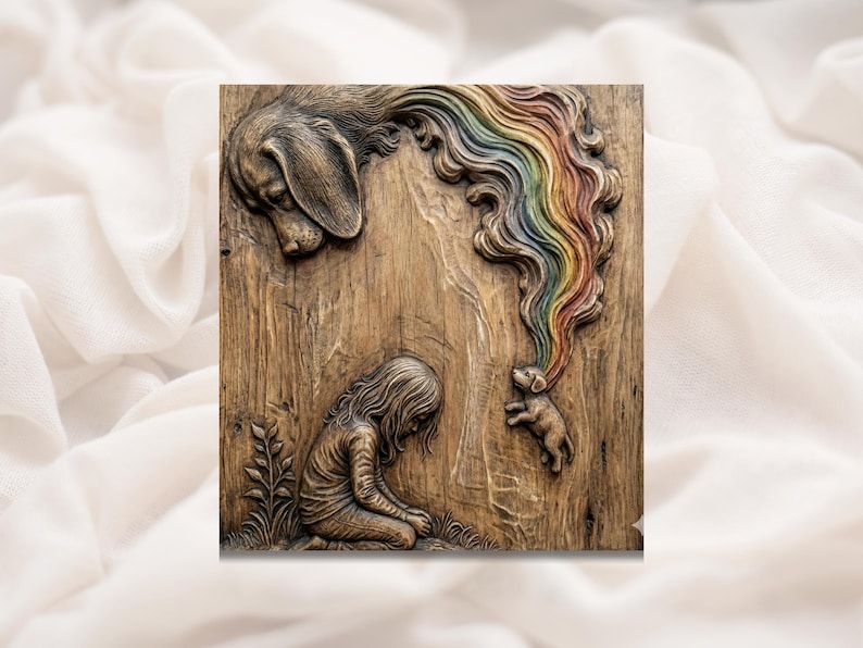 Rainbow Bridge Pet Memorial STL, Dog and Child Relief Carving bas-relief STL design