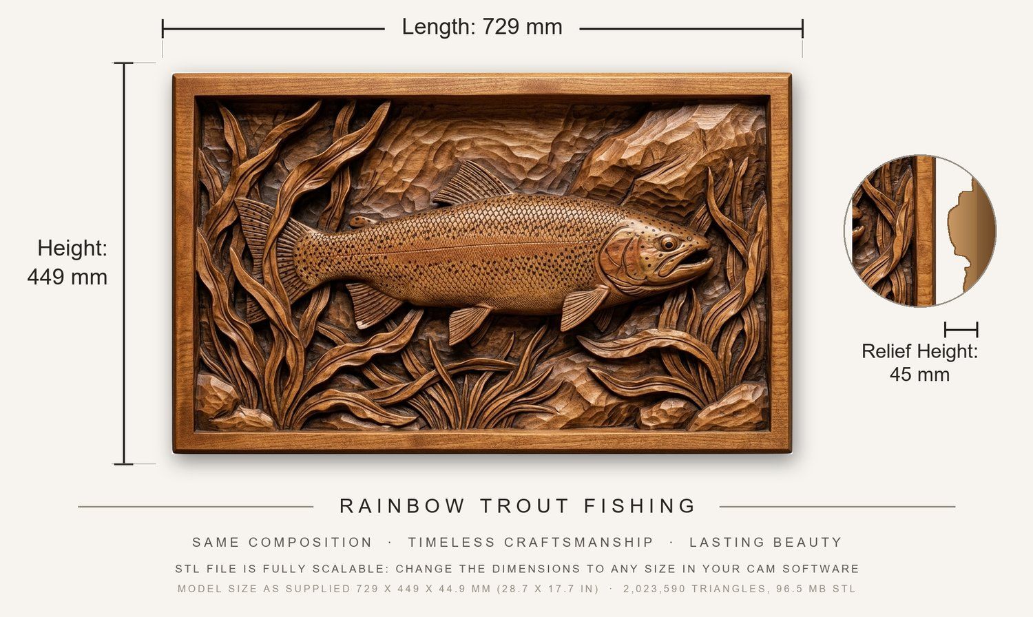 Rainbow Trout Fishing CNC Relief STL bas-relief STL — view 3