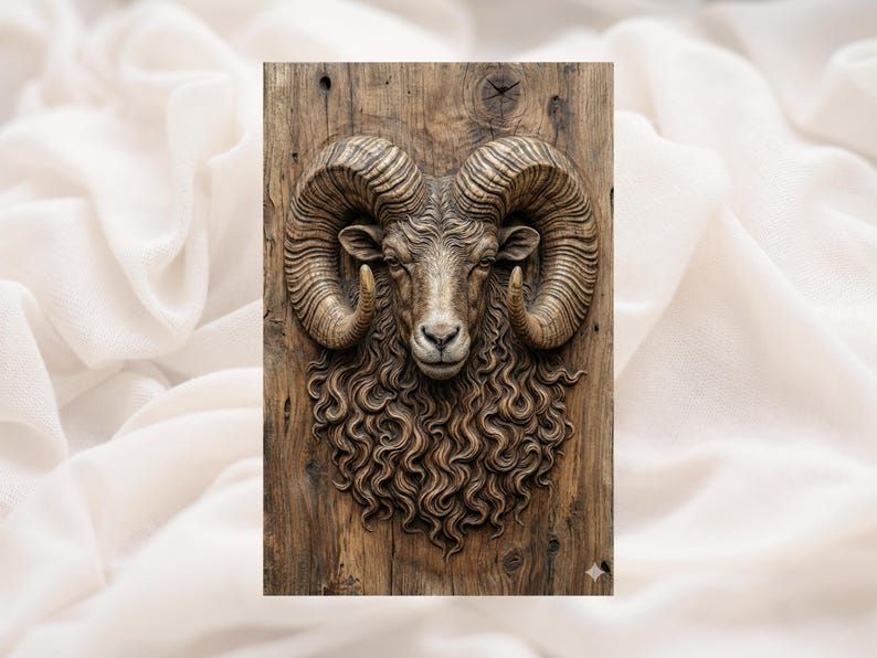 Bas-relief carving of a ram head with curled horns and long curly fleece on a wood plank