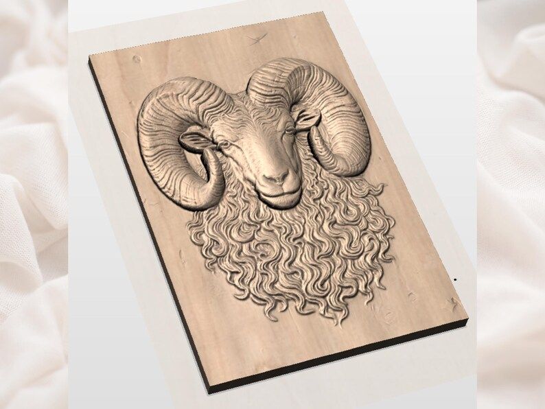 Curl-Horned Ram Head with Flowing Fleece Bas-Relief STL bas-relief STL — view 3
