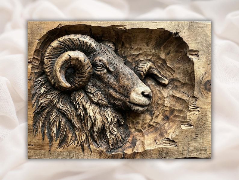 Bas-relief wood carving of a bighorn ram head in profile with a thick curled horn and shaggy mane.