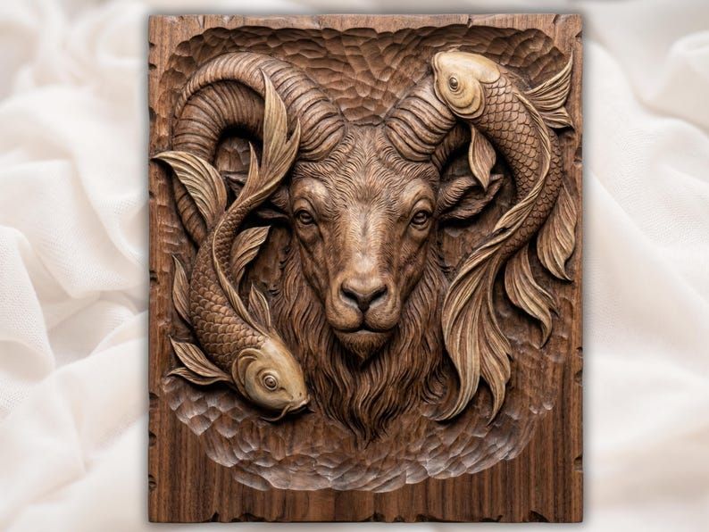 Carved wood relief of a ram head with large curled horns framed by two flowing koi fish on a textured background