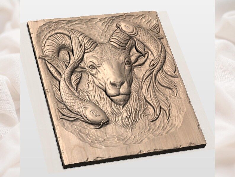 Ram Head and Twin Koi Fish Bas-Relief STL Carving Model bas-relief STL — view 2