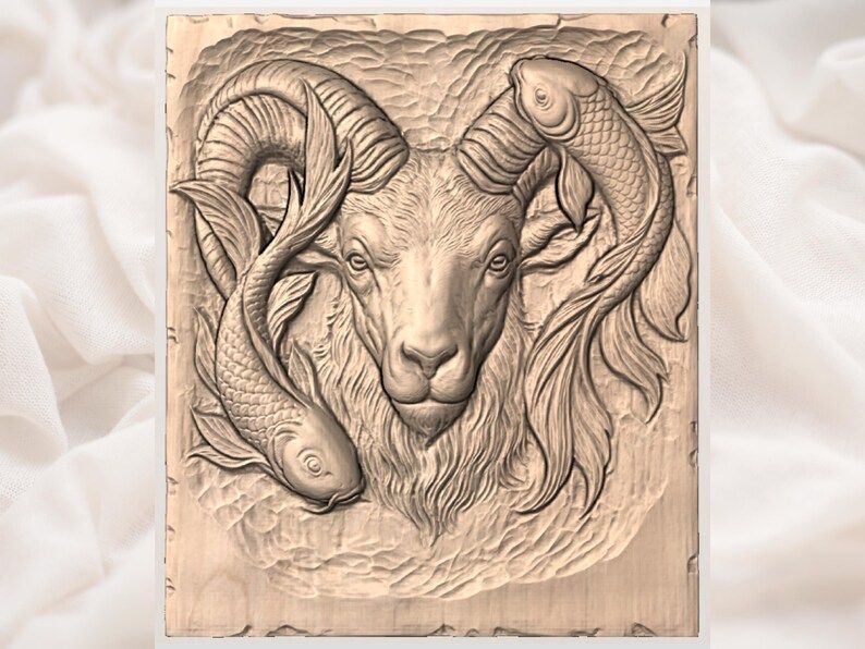 Ram Head and Twin Koi Fish Bas-Relief STL Carving Model bas-relief STL — view 3