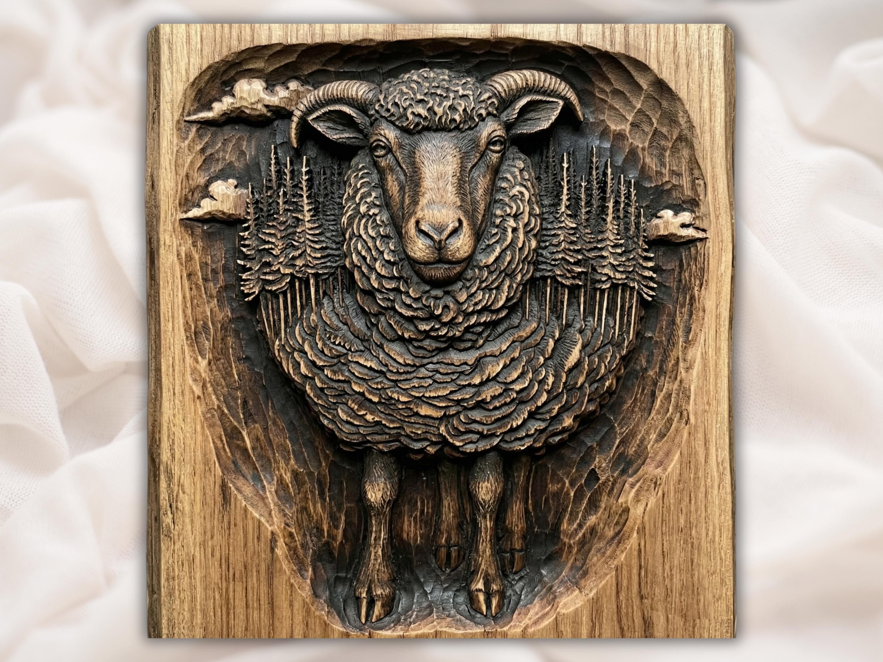 Bas-relief wood carving of a horned ram with thick curling wool standing on a rectangular panel