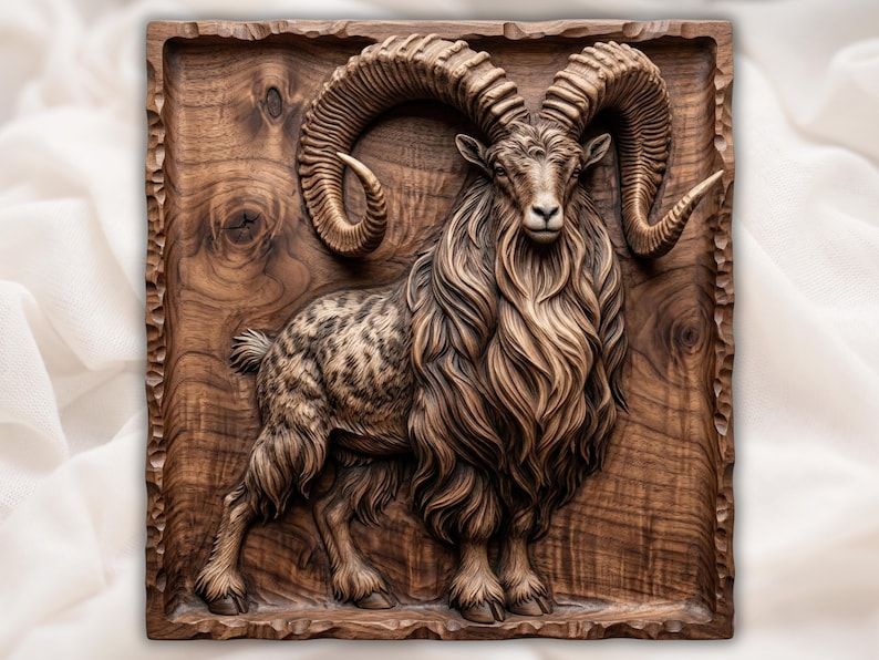 Bas-relief wood carving of a ram with large curled horns and long flowing wool inside a rustic frame
