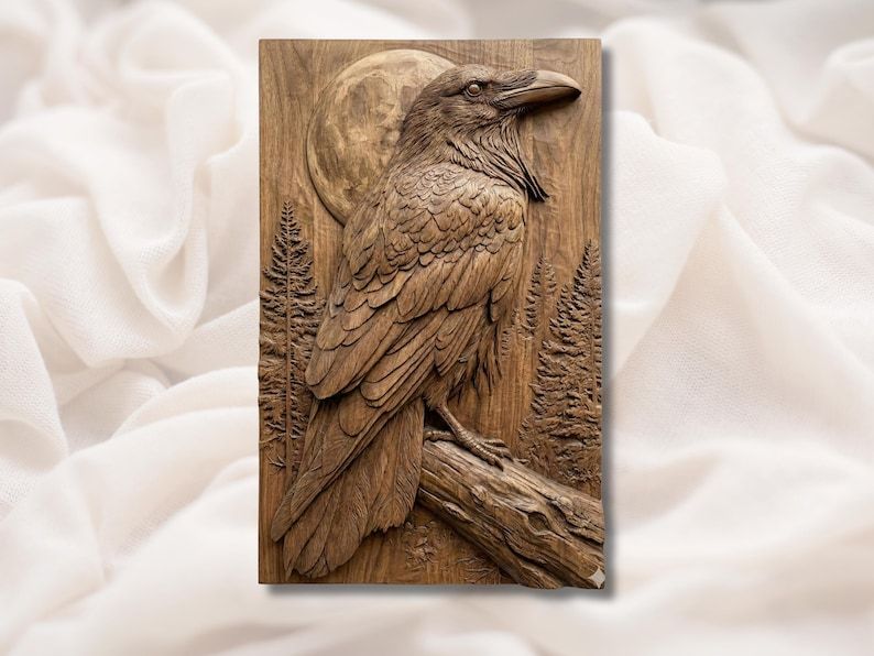 Carved wood bas-relief of a raven perched on a branch with a full moon and pine forest behind it