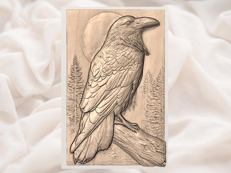 Perched Raven Under a Full Moon Bas-Relief STL bas-relief STL — view 2