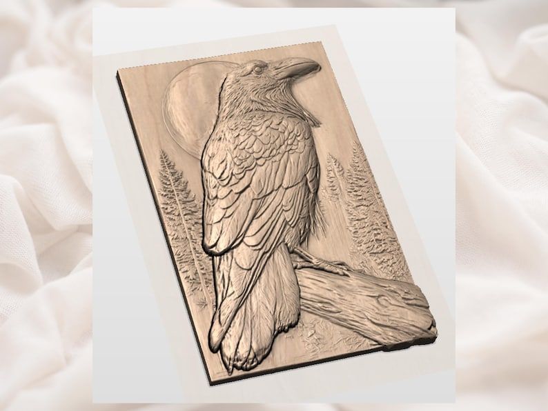Perched Raven Under a Full Moon Bas-Relief STL bas-relief STL — view 3