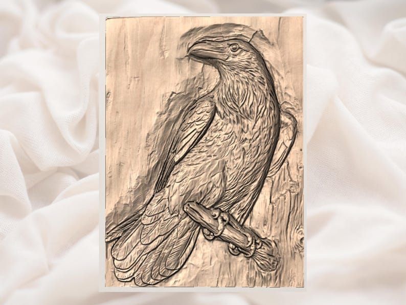 Perched Raven Bas-Relief STL on Weathered Wood Grain bas-relief STL — view 2