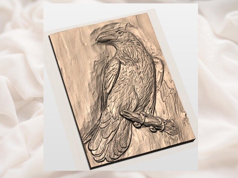 Perched Raven Bas-Relief STL on Weathered Wood Grain bas-relief STL — view 3