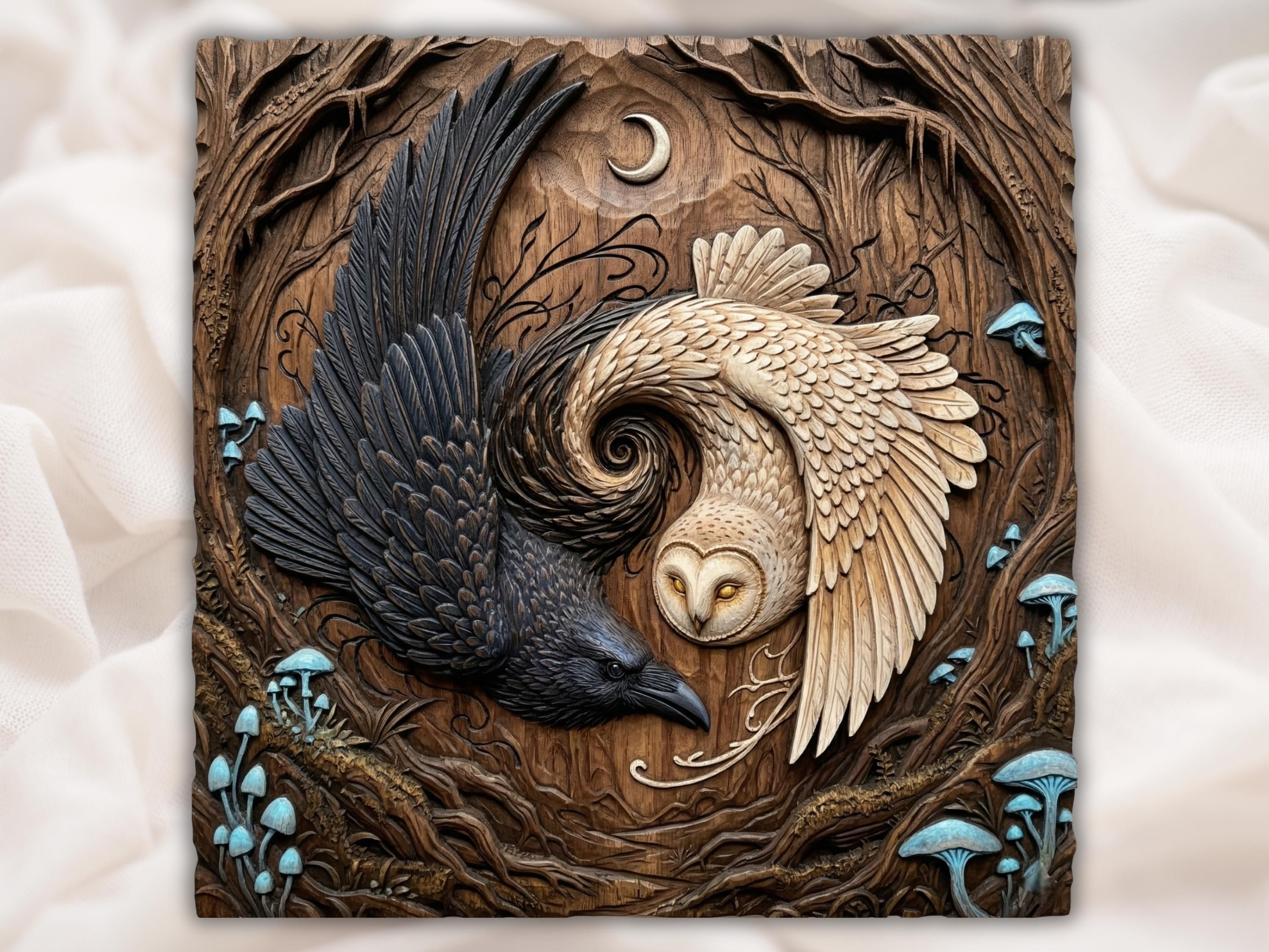 Carved wood relief of a black raven and white barn owl forming a yin yang under a crescent moon