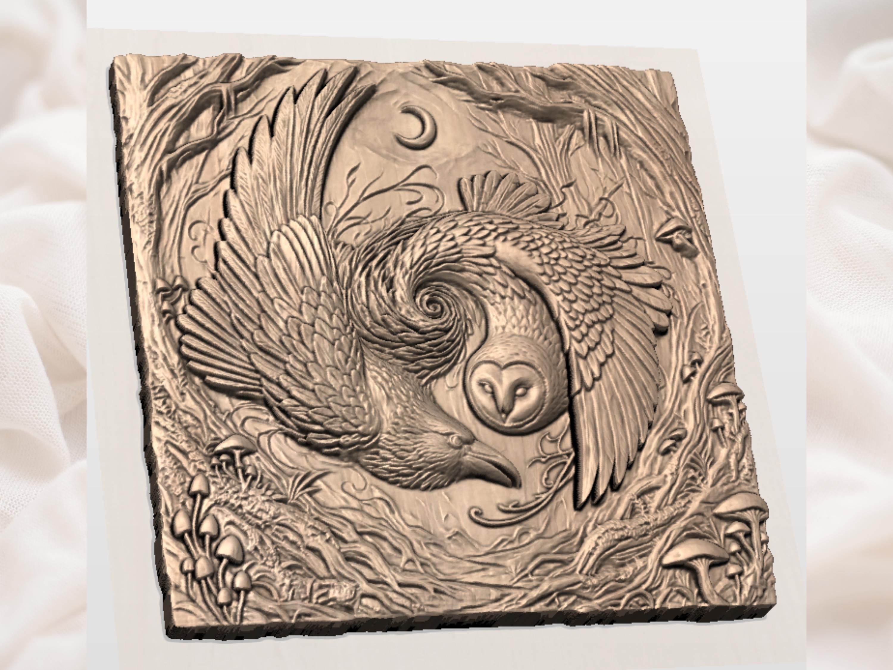 Raven and Barn Owl Yin Yang Relief STL for CNC Carving bas-relief STL — view 2