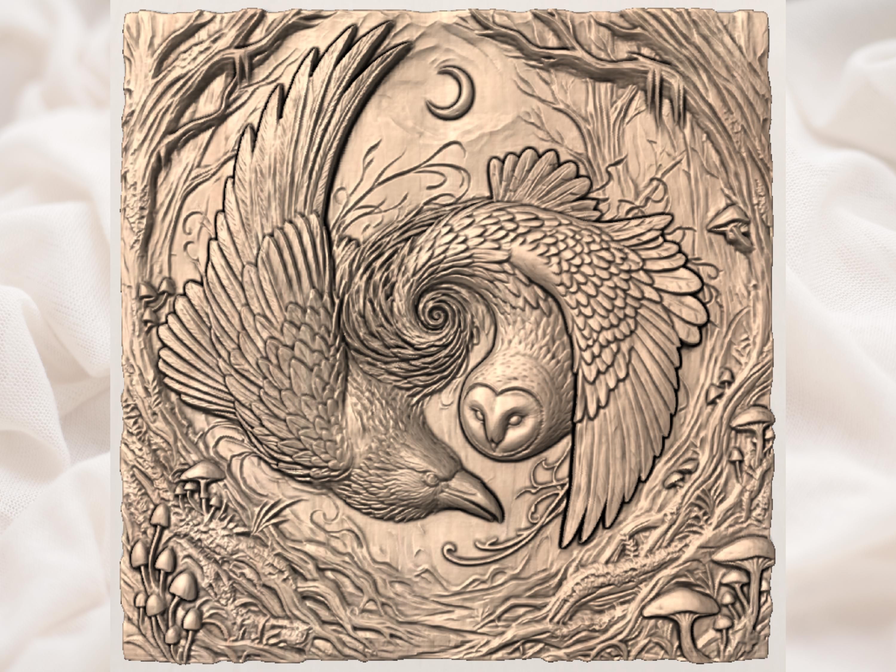 Raven and Barn Owl Yin Yang Relief STL for CNC Carving bas-relief STL — view 3