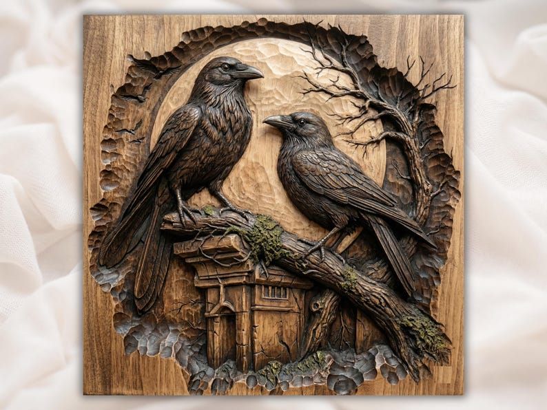 Carved bas-relief of two ravens on a branch with a full moon and small cabin below, in walnut wood