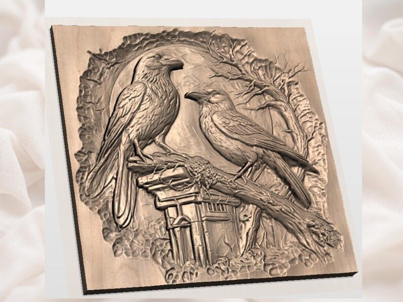 Raven Pair on a Branch 3D Relief STL with Tiny Cabin Scene bas-relief STL — view 2