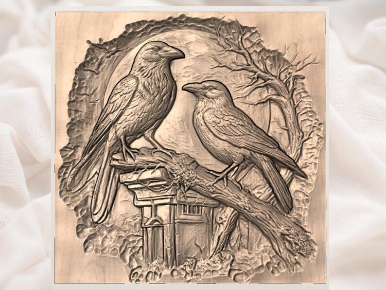 Raven Pair on a Branch 3D Relief STL with Tiny Cabin Scene bas-relief STL — view 3